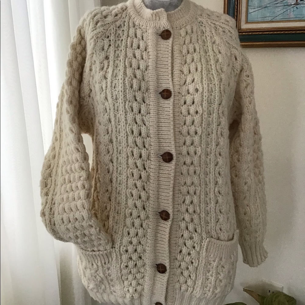 WALCO Ireland Wool Cardigan Ivory Sz 40 Fisherman